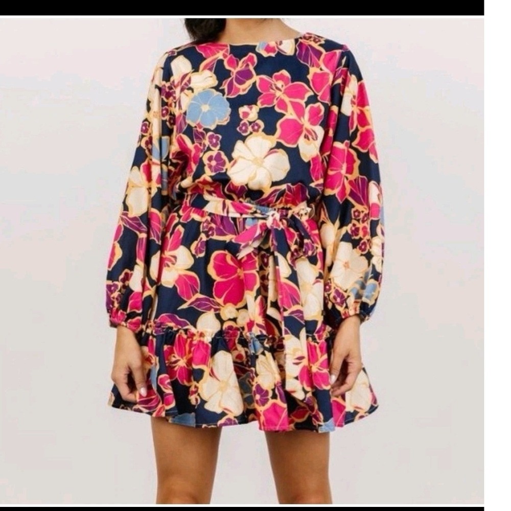 Baltic Born Tally Mini Dress Indigo Bloom Floral Long Sleeve garden party L NEW